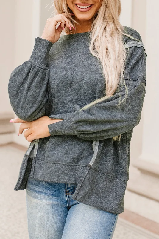 New Arrival Acid Wash Round Neck Seam Detail Slit Sweatshirt
