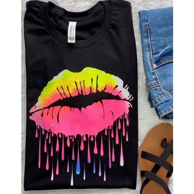 Season Finale Sale Black Neon Lips Mouth Dripping Graphic Tee T-Shirt Bella Womens Casual Top Season Finale Sale Black Neon Lips Mouth Dripping Graphic Tee T-Shirt Bella Womens Casual Top