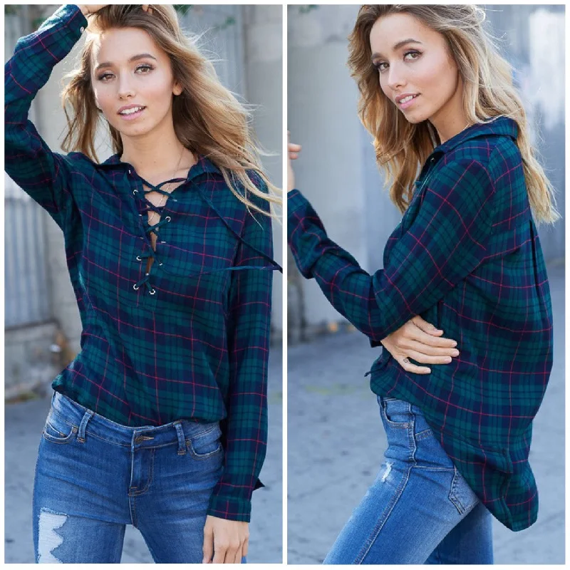 Final Offer Olive Green Navy Lace Up Plaid Long Sleeve Blouse Top Tunic Hi Low Womens