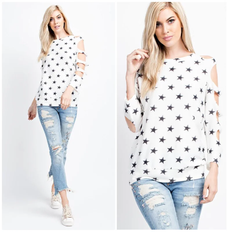 Deal Alert Star Print Top Open Cold Shoulder Long Sleeve White Black Casual