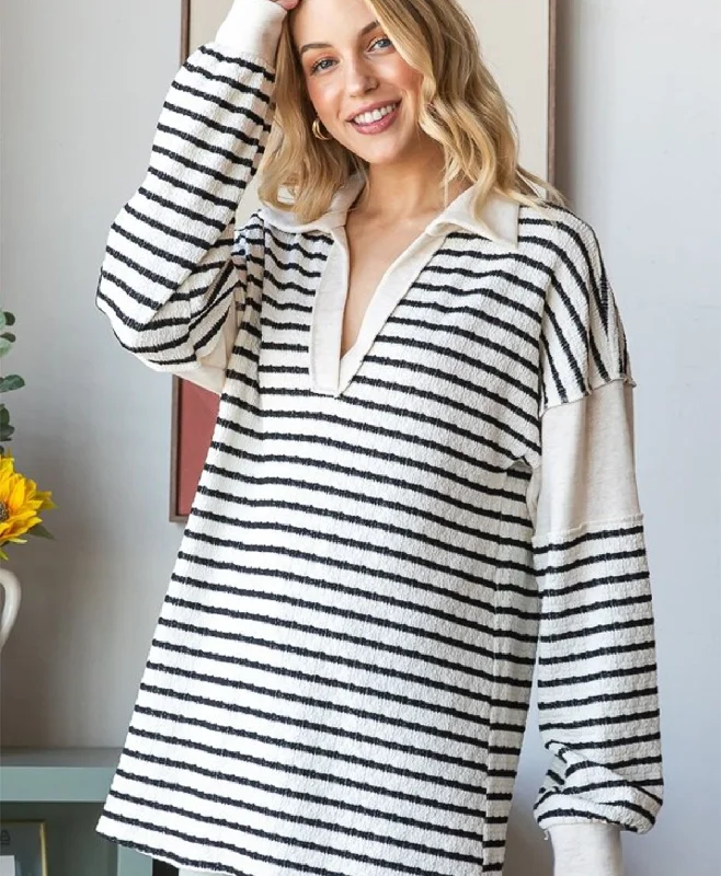 Weekend Deals That Thrill Johnny Collar Oversized Stripe Pullover Top