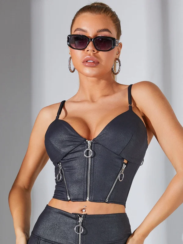 Price Meltdown ZASUWA Female Faux Leather Zipper Corset Shape Sports Bras