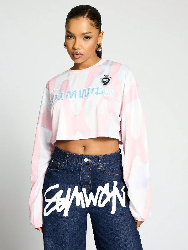 Special Savings SUMWON WOMEN Long Sleeves Football Crop Tee With Front Embroidery