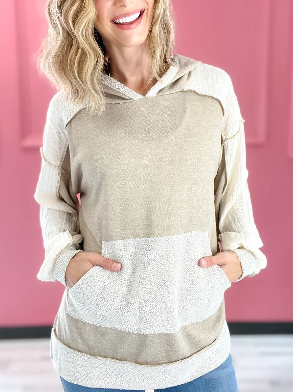 Stock Up and Save You Know It French Terry with Cable Knit Kangaroo Pocket Hoodie Top