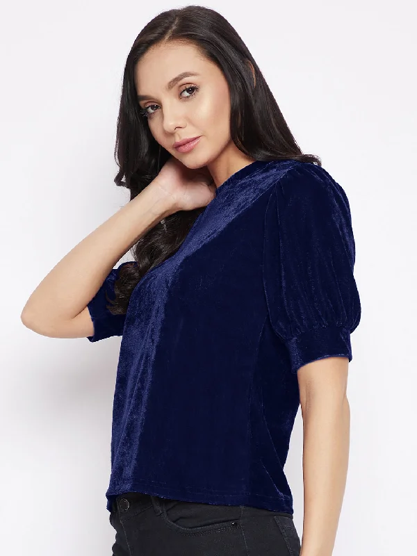 Act Now Stretchable Velvet High Neck Puff Sleeve Top