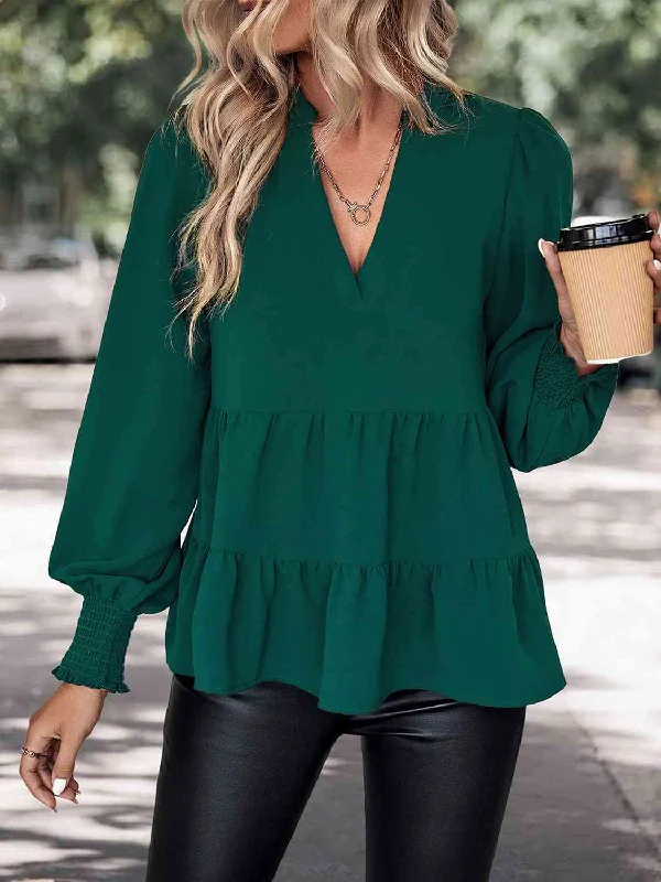 Discount Mania Notched Neck Lantern Sleeve Blouse