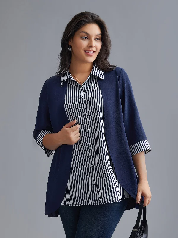 Year-End Clearance Shirt Collar Patchwork Striped Blouse