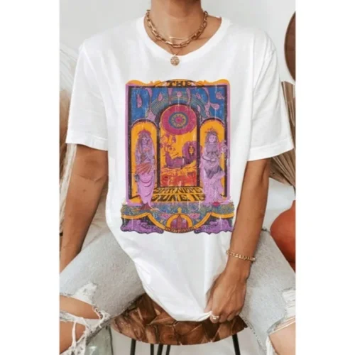Super Sale The Doors White Rock Band Music Graphic Oversized Relaxed Fit Women's Tee