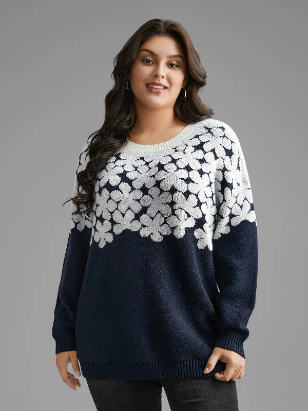 Overstock Floral Contrast Patchwork Drop Shoulder Pullover