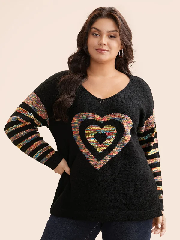 Fantastic Offers Contrast Heart Jacquard Drop Shoulder Pullover