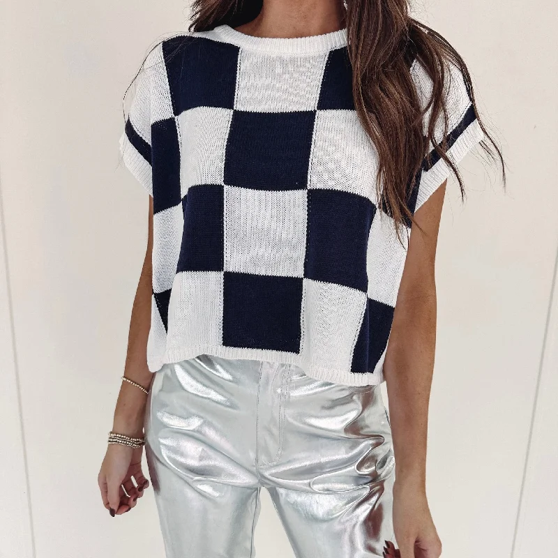 Weekend Bargains Galore Checkered Sweater Vest - Navy
