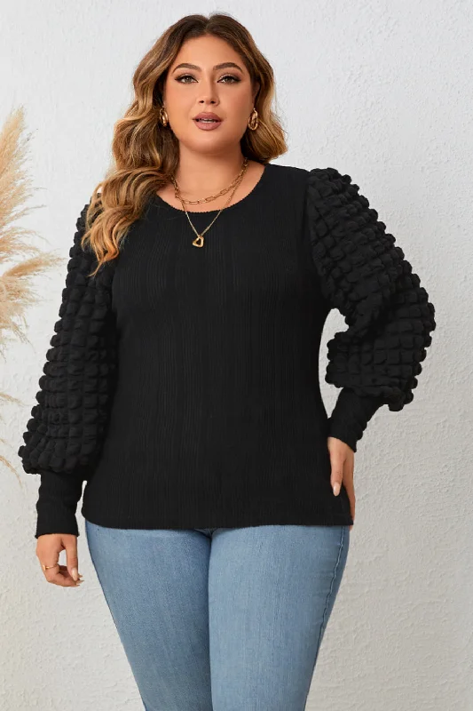 Act Fast Plus Size Round Neck Lantern Sleeve Blouse