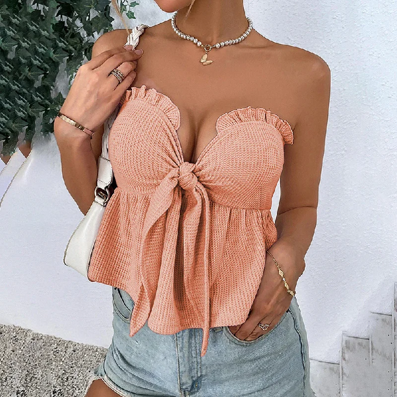Year-End Sale Waffle Pure Color Tube Top Strap Ruffle Off Shoulder Crop Tops Wholesale Women Tops