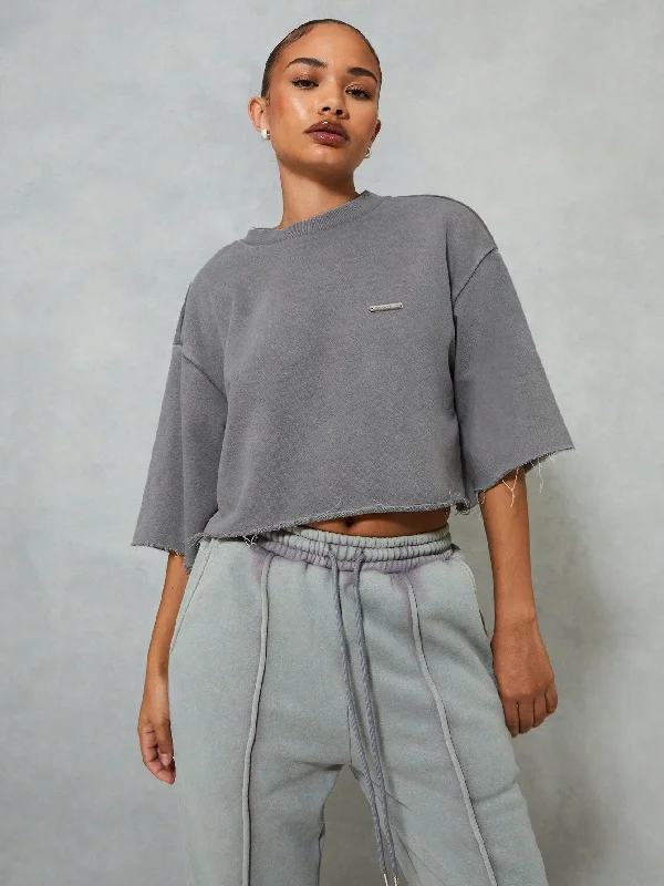 Steals and Deals SUMWON WOMEN Washed Boxy Sleeves Crop T-Shirt