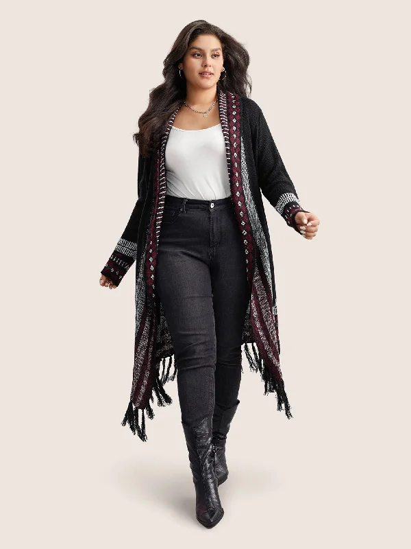 Fantastic Deals Bandana Print Fringe Trim Maxi Cardigan