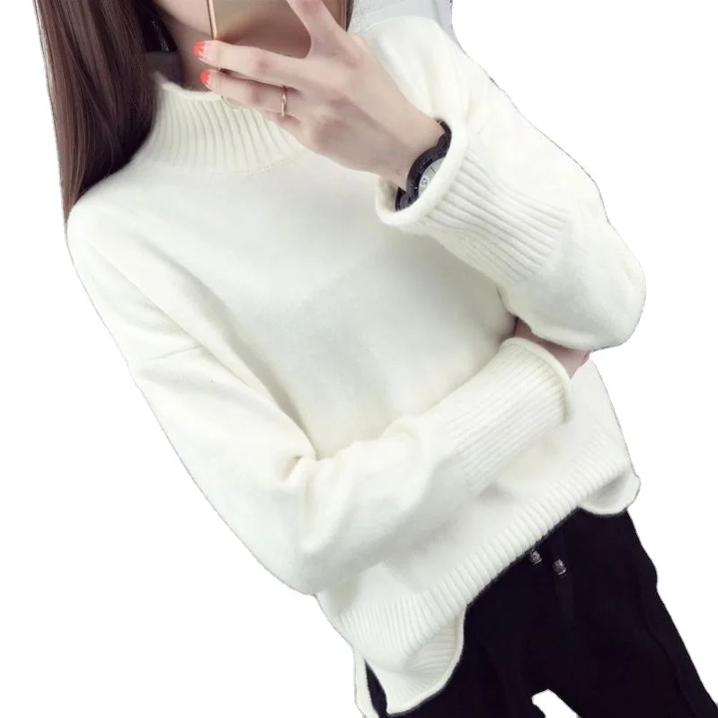 New Markdowns 2022 Fall Winter New Half High Neck Pullover Sweater Female Korean Version Loose Wild Pure Color Knit Base Shirt