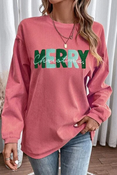 Deep Savings MERRY CHRISTMAS Pink Ribbed Sweatshirt