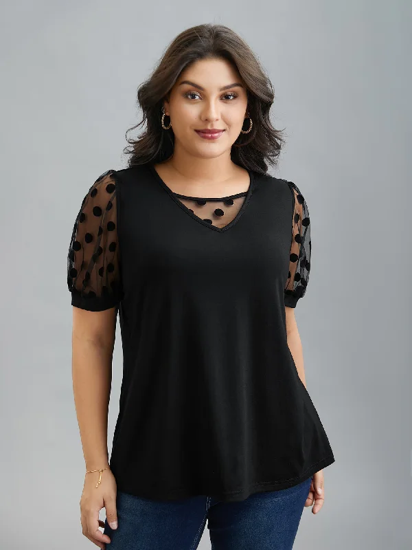 Great Bargain Sheer Sleeves Textured Polka Dots Stretchy Top