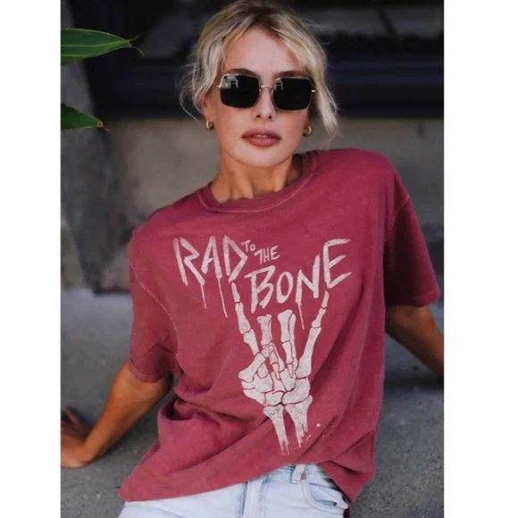 Seasonal Sale Vintage Mauve Brick Rad to the Bone Rock Skeleton Graphic Tee T-Shirt Casual Seasonal Sale Vintage Mauve Brick Rad to the Bone Rock Skeleton Graphic Tee T-Shirt Casual