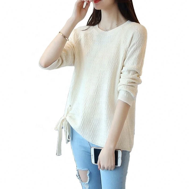 Year-End Clearance Sexy Girl Crew Neck Side Bandage Loose Thin Spring Knitted Acrylic Jumper Sweater