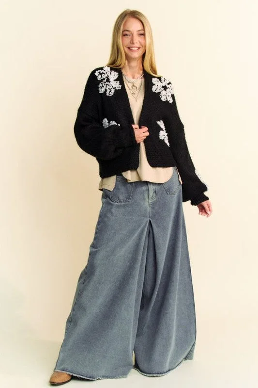 Deal Zone Davi & Dani Floral Applique Open Front Dropped Shoulder Cardigan