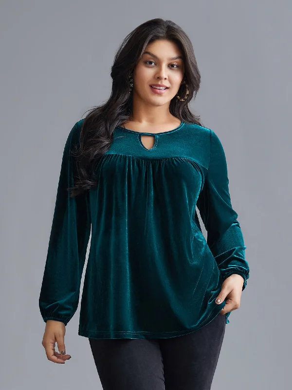 Low Prices Plain Hollow Out Gathered Velvet Blouse