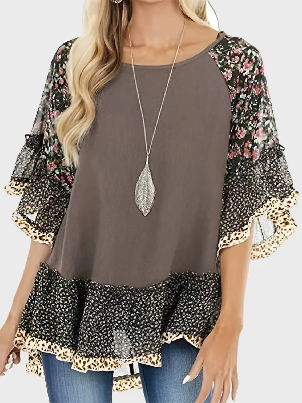 Flash Deal Full Size Frill Printed Round Neck Half Sleeve Blouse