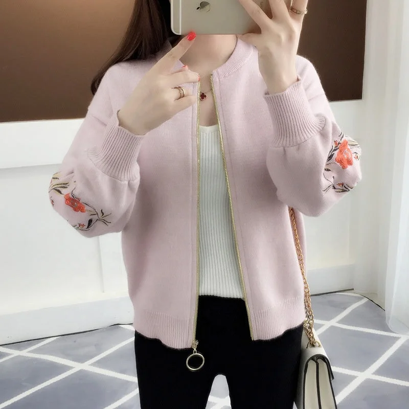 Weekend Bargains to Sizzle New Arrival Sleeve Flower Embroidery Zip Front Women Short Sweater Coat Weekend Bargains to Sizzle New Arrival Sleeve Flower Embroidery Zip Front Women Short Sweater Coat
