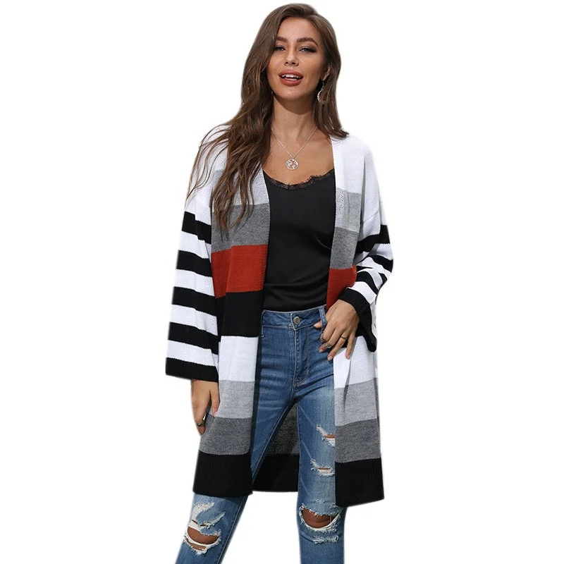 Weekend Bargains to Enjoy Knitting Cardigan Long Stripe Splicing Collision Color Sweater New Foreign Trade Women's Casual Winter Knit Sweater Custom Weekend Bargains to Enjoy Knitting Cardigan Long Stripe Splicing Collision Color Sweater New Foreign Trade Women's Casual Winter Knit Sweater Custom
