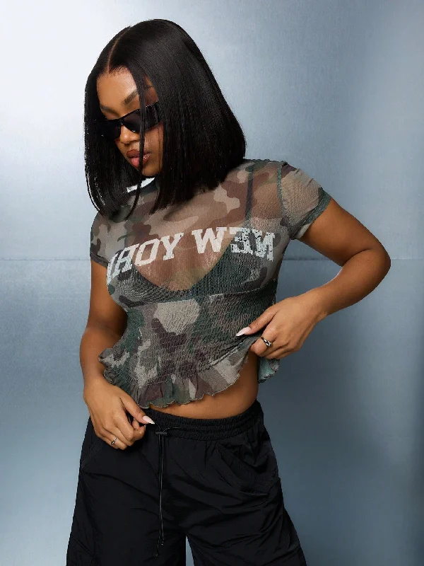 Hurry Up SUMWON WOMEN Camo Print Mesh Ruched Crop Tee