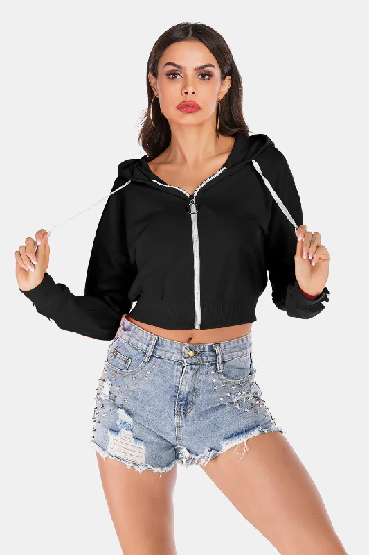 Instant Discount Side Stripe Drawstring Cropped Hooded Jacket