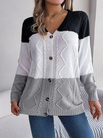Weekend Flash Sale Cable-Knit Striped Button Up Cardigan