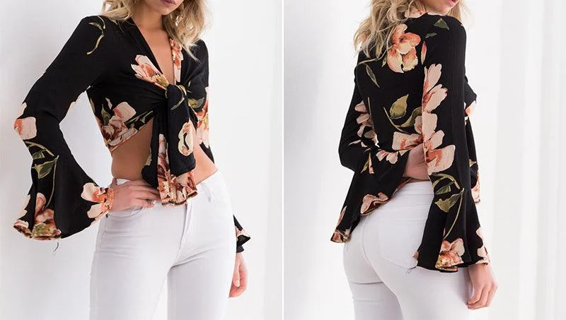 Weekend Savings Fiesta BLACK FLORAL CROPPED TOP WITH FLARE SLEEVE