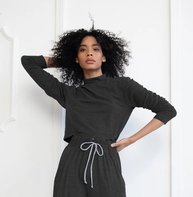 Overstock Sale Black Hacci Mock Neck Crop