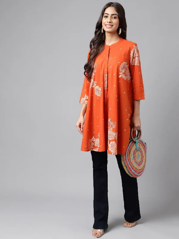 Deep Discounts Orange Cotton Floral Printed Flared Tunic