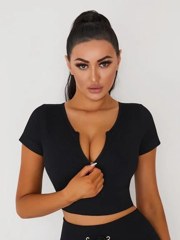Price Reduction ZASUWA Female Knitted Chest Zipper Yoga Short Sleeves