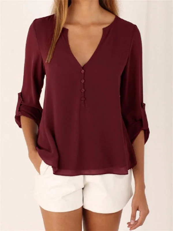 Huge Discounts CHIFFON BUTTON-UP V-NECK BLOUSE  WITH 3/4 SLEEVES