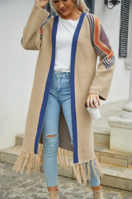 Weekend Discounts to Love Geometric Fringe Hem Open Front Duster Cardigan