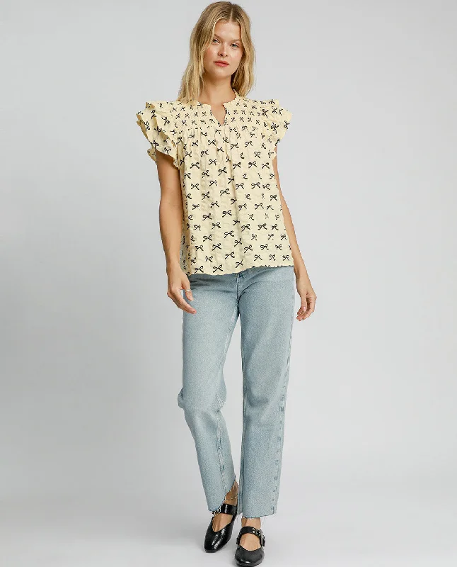 Lowest Prices Printed Ribbon Top with Ruffle Sleeves