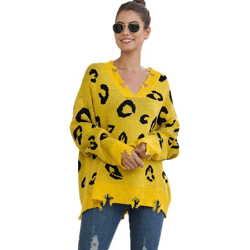 Weekend Savings Extravaganza Leopard Print Pullover Sweater European And American New V-Neck Broken Hole Female Weekend Savings Extravaganza Leopard Print Pullover Sweater European And American New V-Neck Broken Hole Female