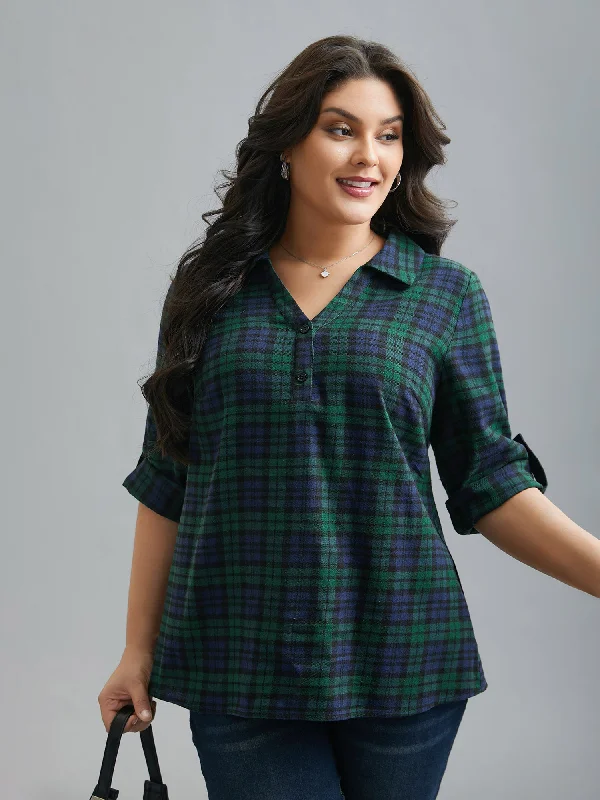 Weekend Deals That Sizzle Plaid Print Tab Sleeve Blouse