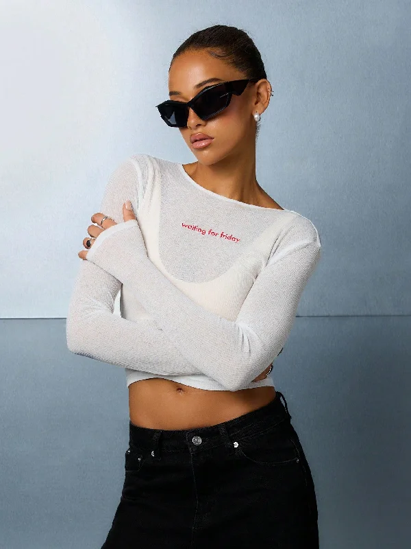 Price Cut SUMWON WOMEN Waiting For Friday Print Sheer Mesh Boat Neck Long Sleeves Crop Top