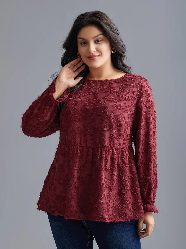 Referral Discount Round Neck Jacquard Plisse Ruched Blouse