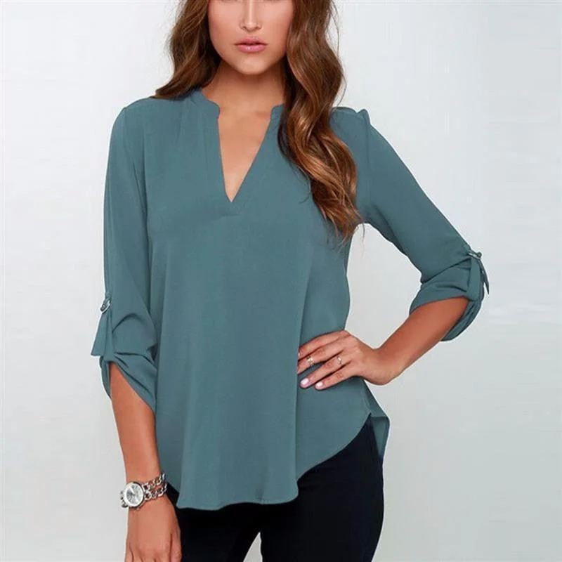 Lowest Price CHIFFON V-NECK BLOUSE  WITH 3/4 SLEEVES