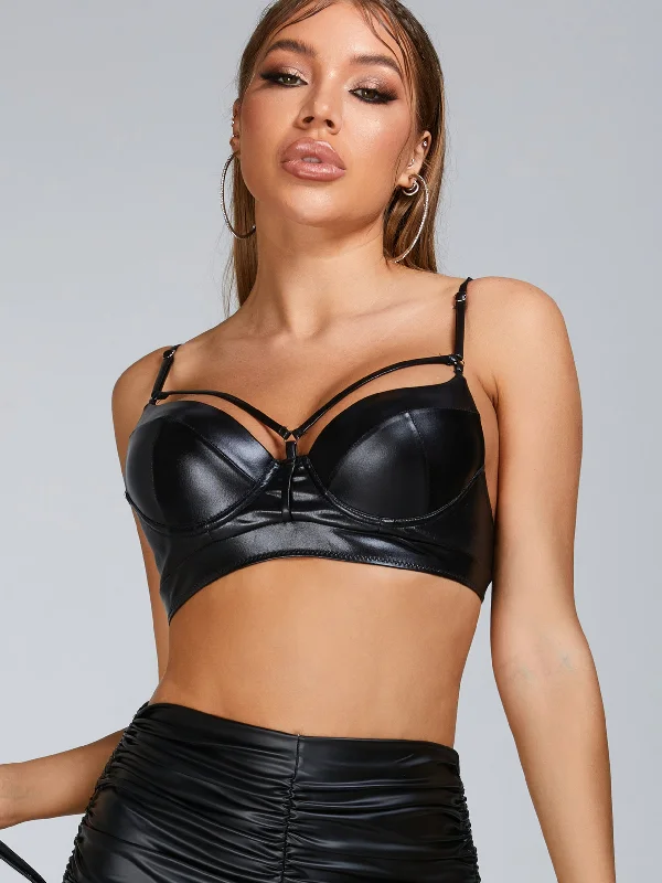 Weekend Specials to Grab ZASUWA Female PU Faux Leather Cutout Sports Bras