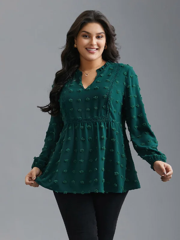 Weekend Offers That Delight Notched Collar Ruffle Trim Textured Blouse