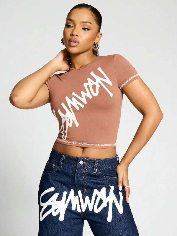 Weekend Savings Bonanza SUMWON WOMEN Short Sleeves Overlock Stitch Graphic Printed Baby Tee