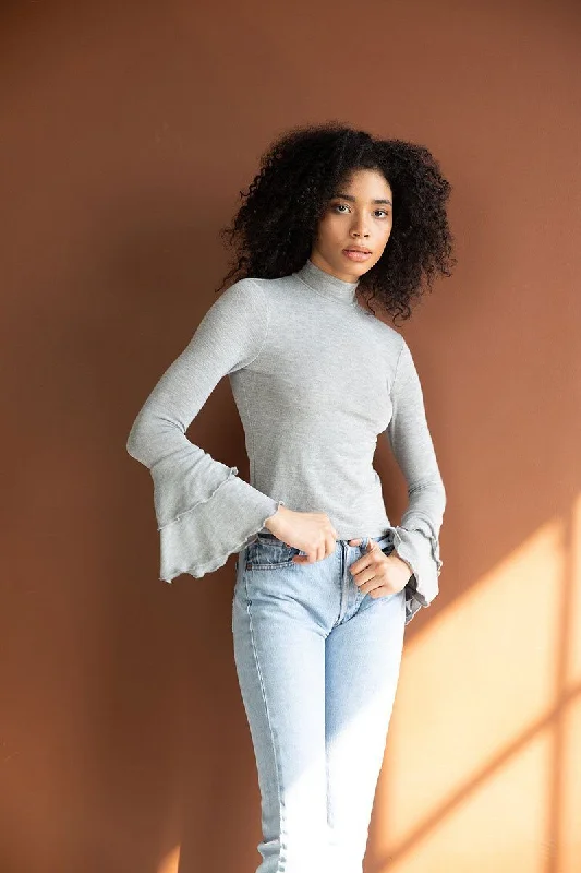 Weekend Savings Spectacular Heather Grey Mock Neck Tiered Sleeve Top