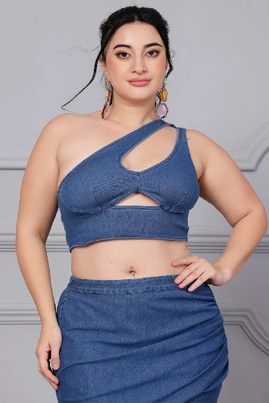 Blowout Deals One Shoulder Front Cutout Denim Top