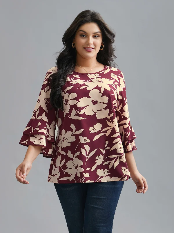 Weekend Specials to Delight Silhouette Floral Print Tiered Ruffles Blouse